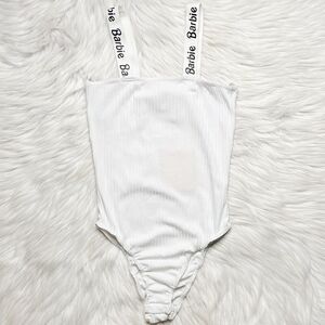 Missguided x Barbie Strapped Straight Neck Ribbed Bodysuit White & Black Size 2